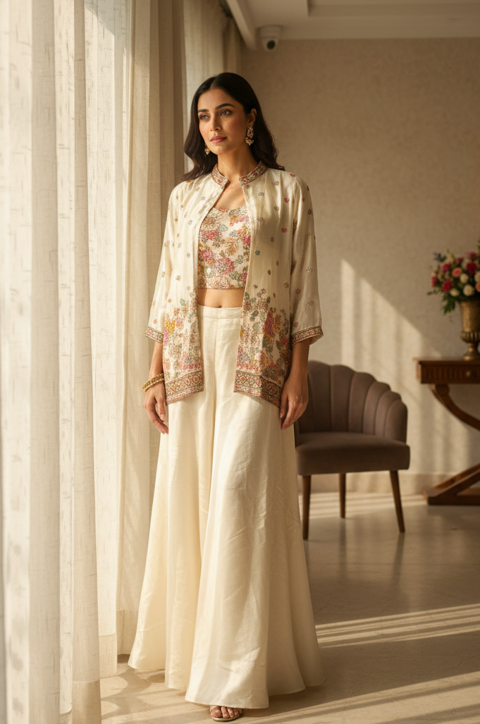 Elegant Cream Floral Embroidered Koti Palazzo Set