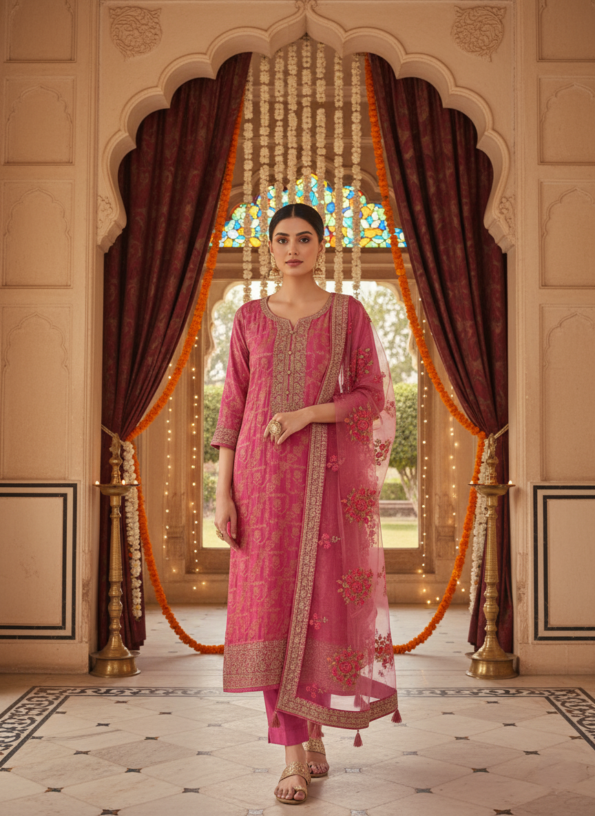 Pink Benarasi Embroidered Salwar Kameez Set