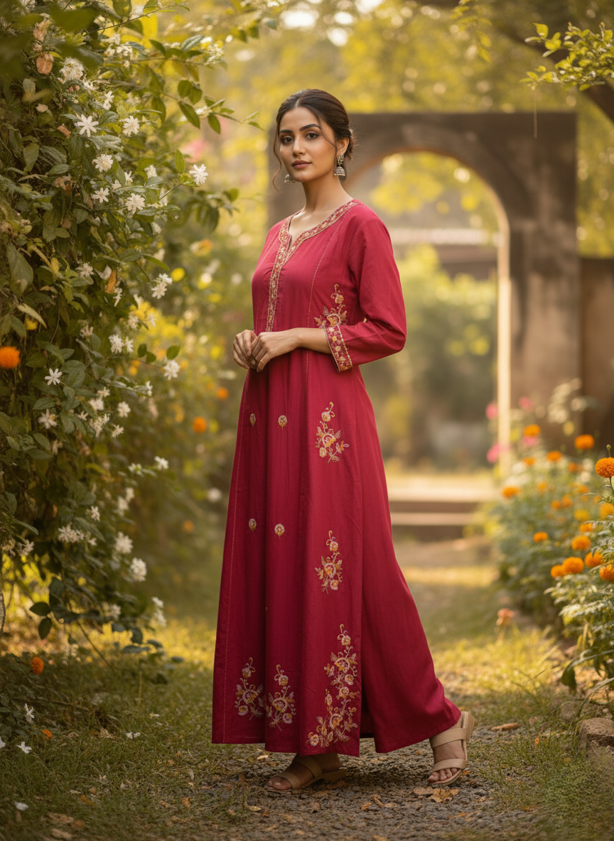 Embroidered Calcutta Cotton Pink Maroon 3 Piece Kurta Set