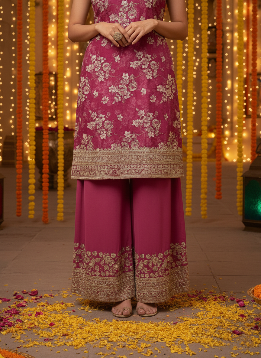 Embroidered Magenta Festive short top and Palazzo