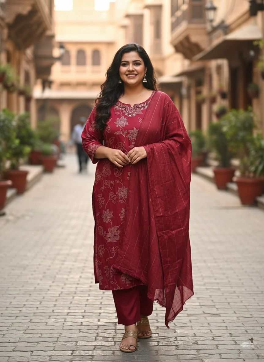 Maroon Floral Embroidered Kurta Set