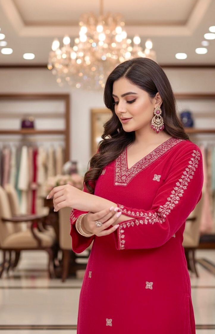 Embroidered Pink Red Velvet Party Suit