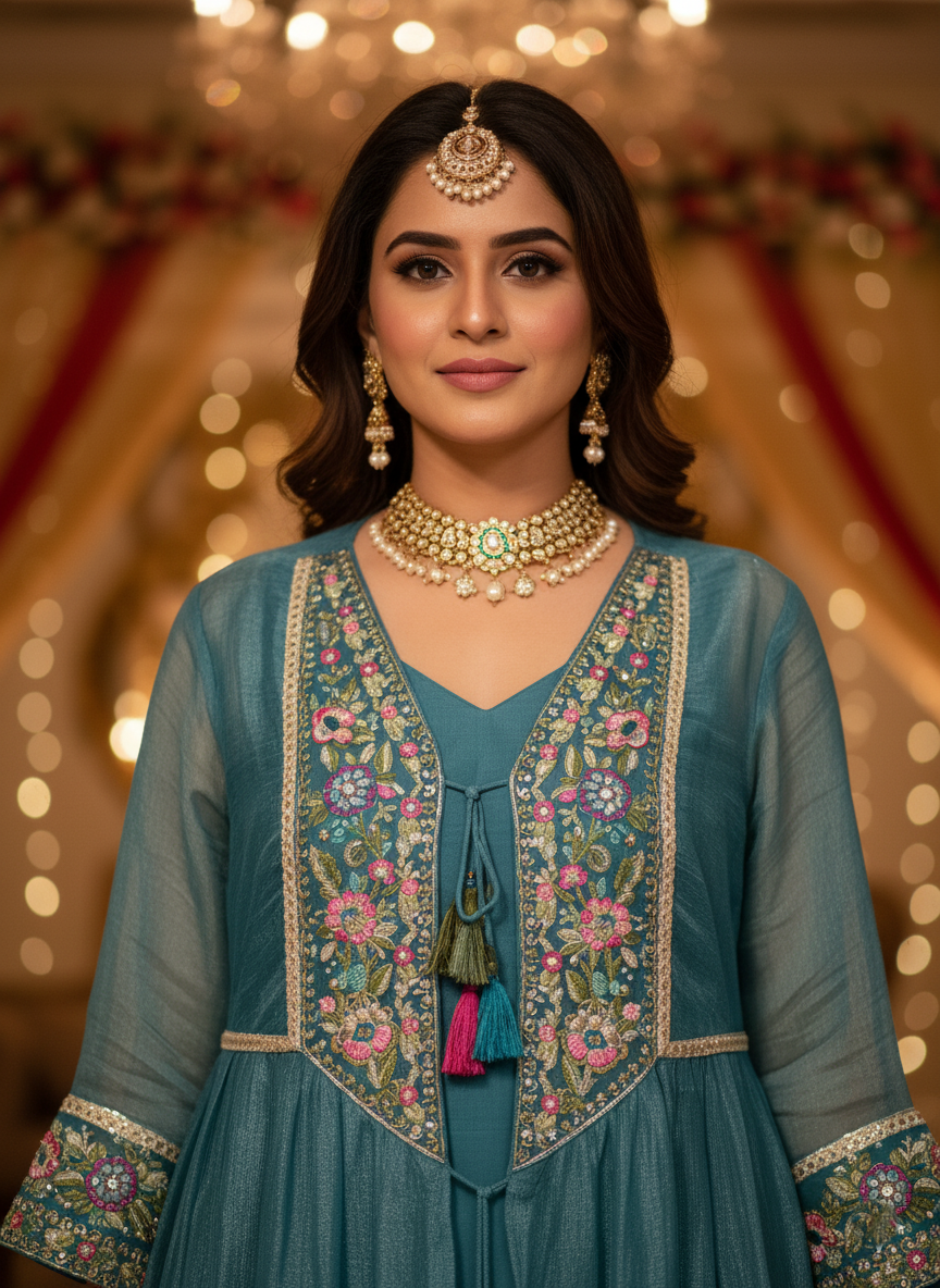 Embroidered Teal Anarkali Dress