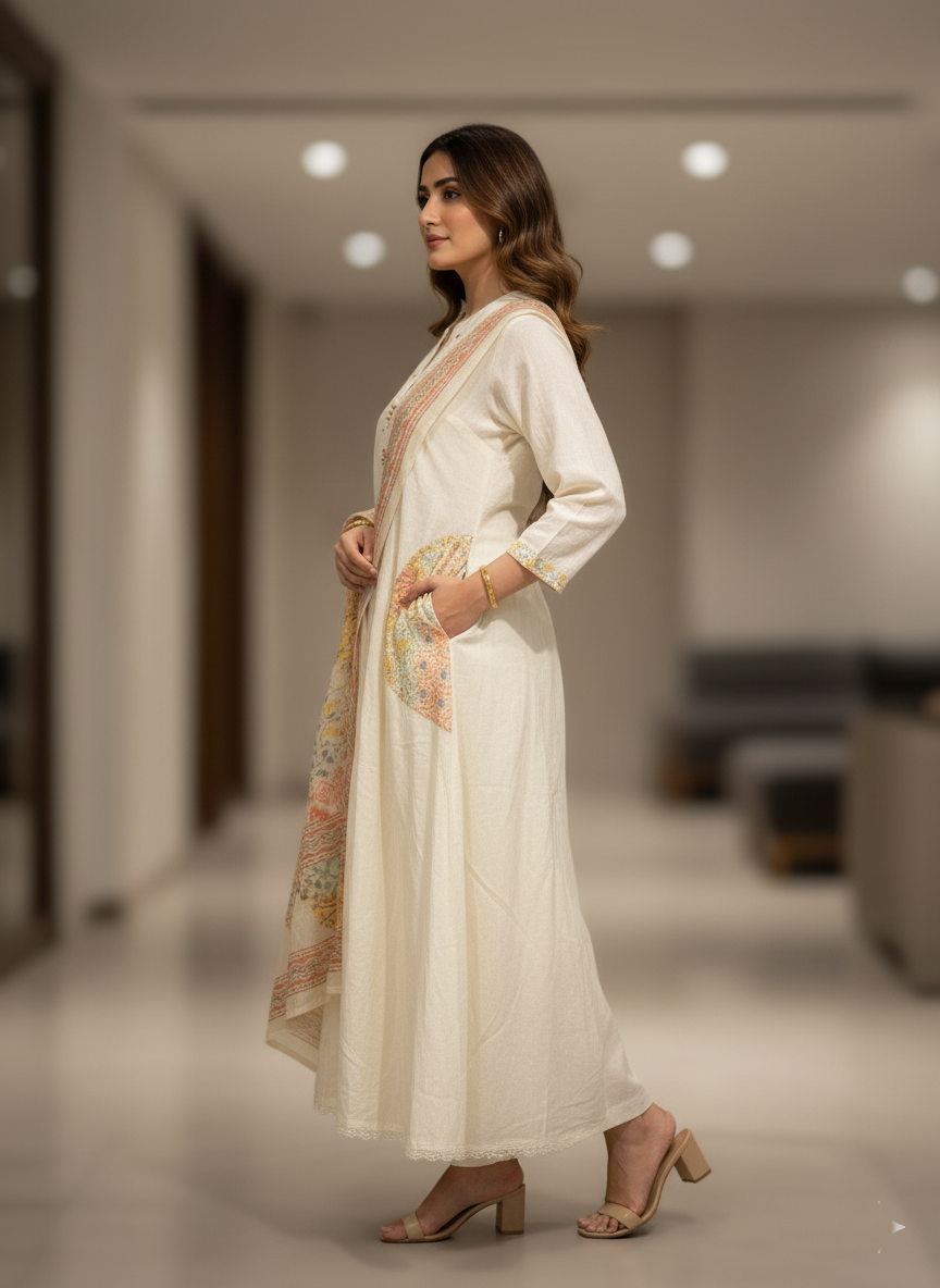 Elegant Mul Cotton Cream Long Kurti Set