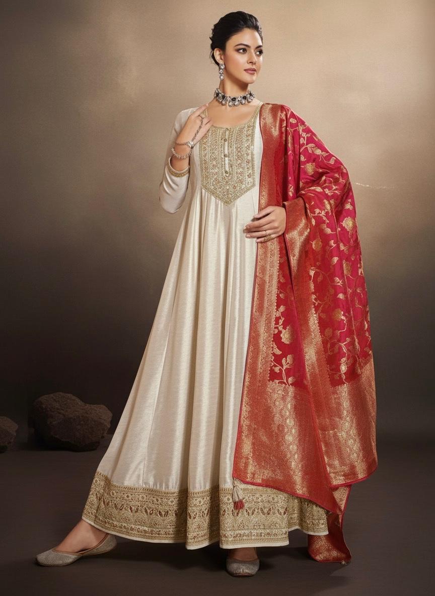 Elegant Cream and Red Anarkali Dress