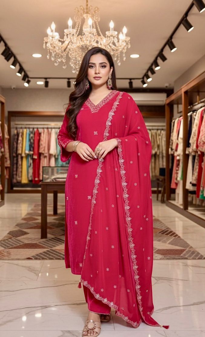 Embroidered Pink Red Velvet Party Suit