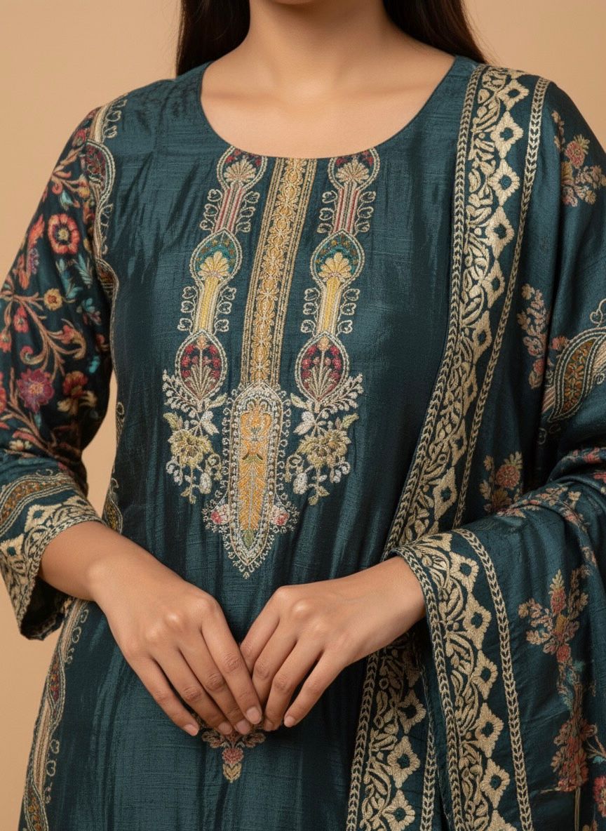 Embroidered Silk Kurti Set