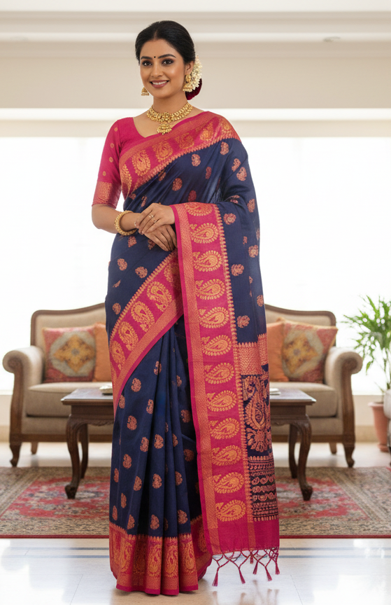Silk Cotton Jamdani Navy Blue Saree