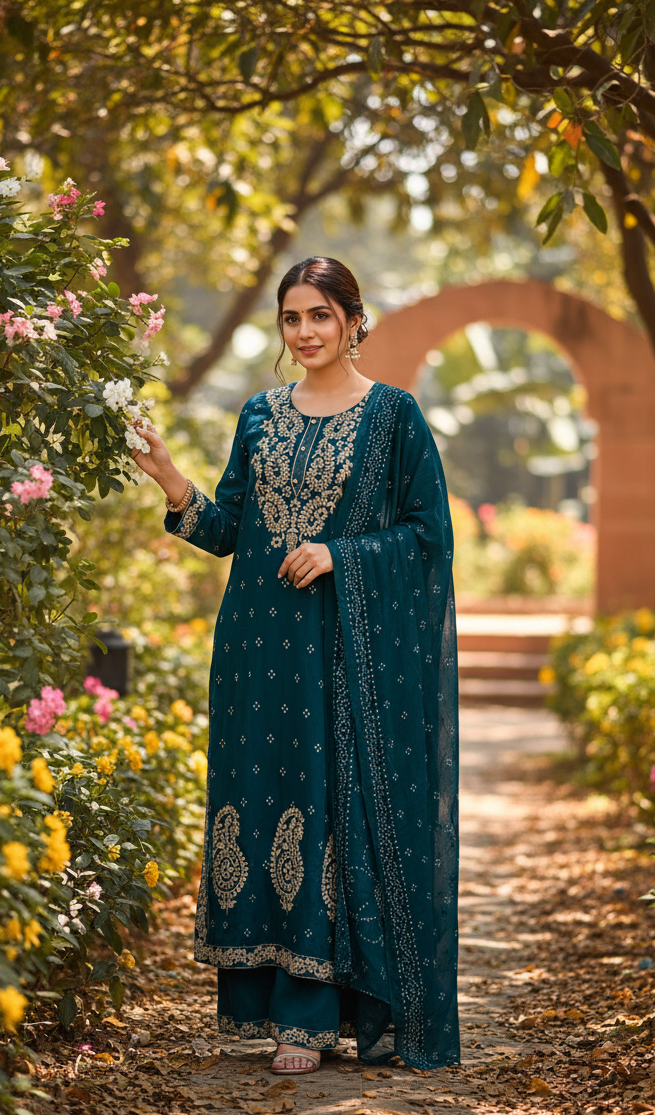 Teal Mul Cotton White Embroidered Kurta
