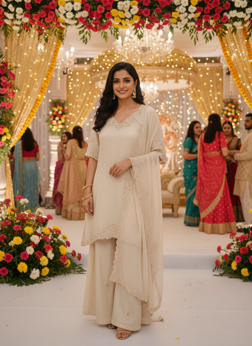Crepe Silk Beige Three-Piece Palazzo