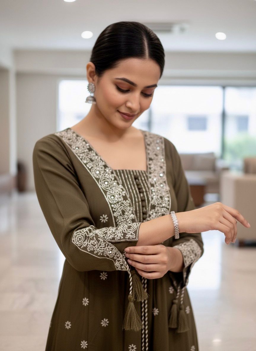 Embroidered Olive Green Traditional Dress