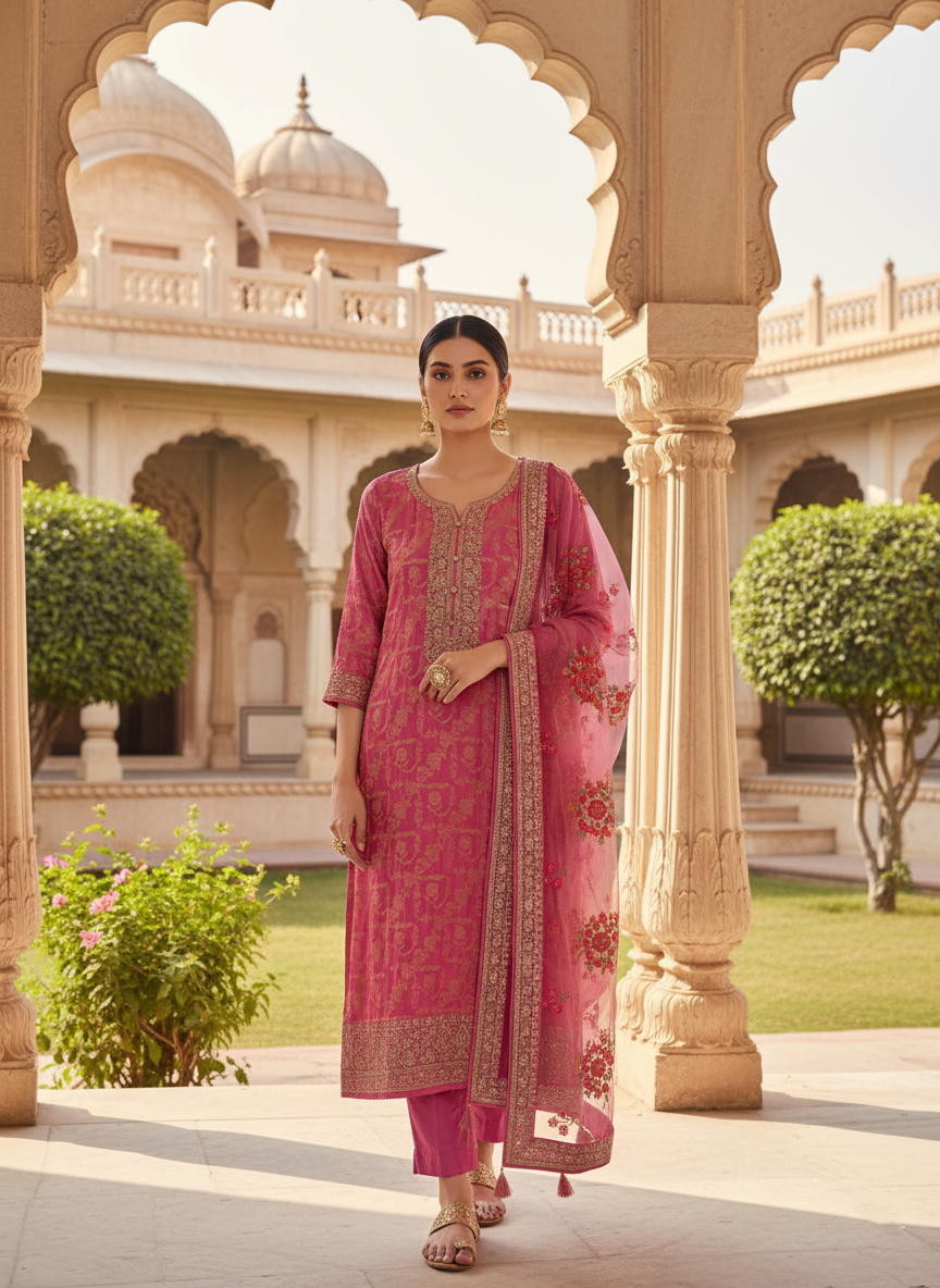  Pink Benarasi Embroidered Salwar Kameez Set