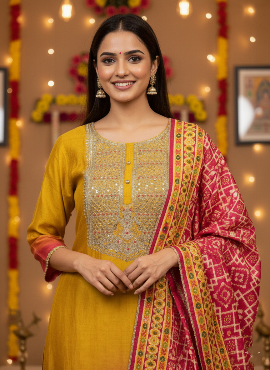 Embroidered Silk Yellow Ombre 3 piece Set