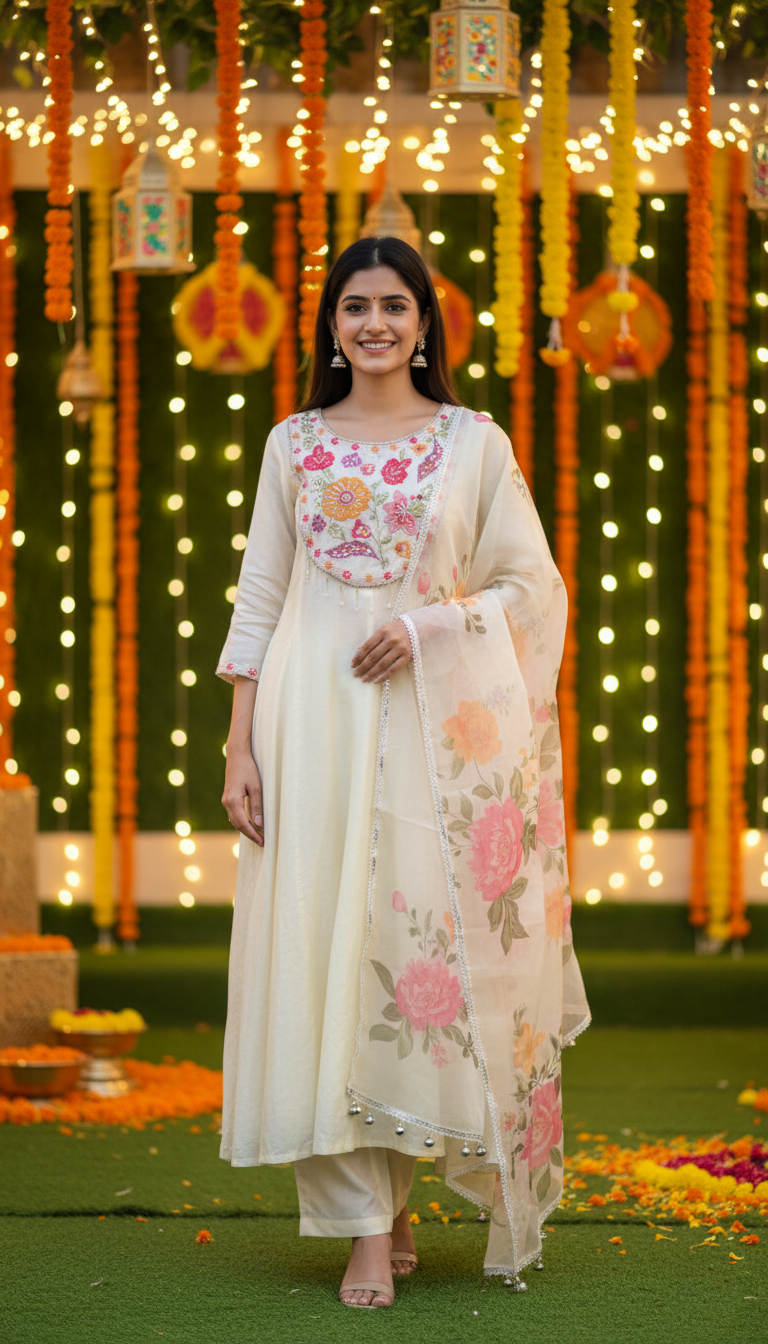 Mul-Chanderi Floral Embroidered White Anarkali Set
