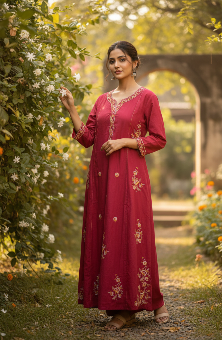 Embroidered Calcutta Cotton Pink Maroon 3 Piece Kurta Set