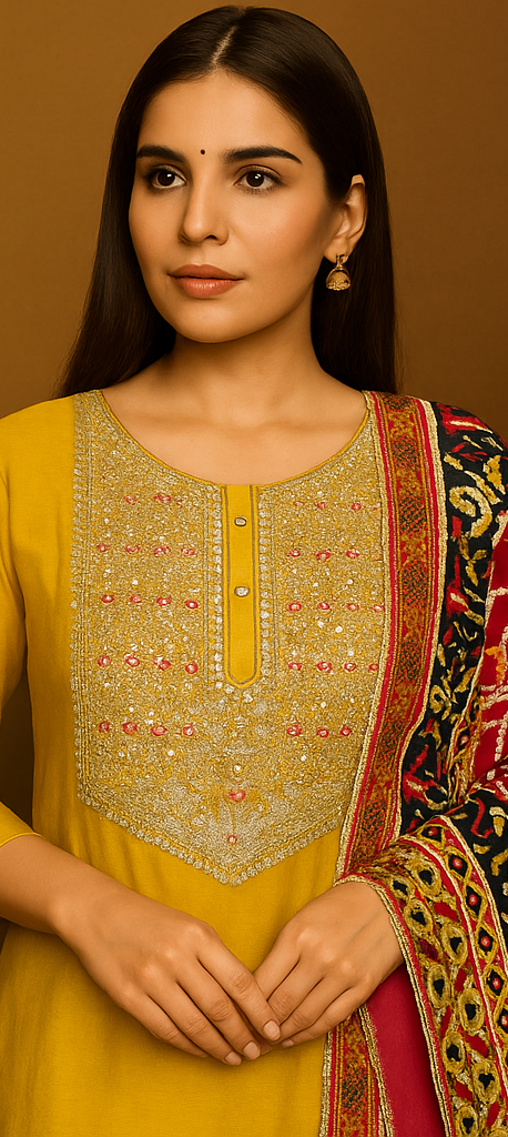 Embroidered Silk Yellow Ombre 3 piece Set
