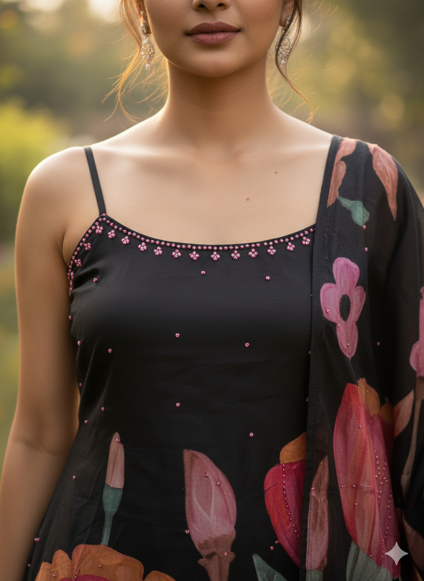 Floral Printed Black Silk Suit Set