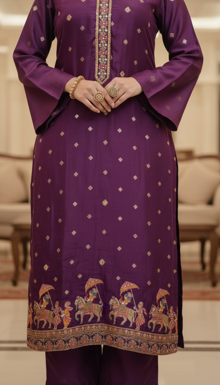 Ghoda Palki Embroidered Purple Dola Silk Ethnic Suit