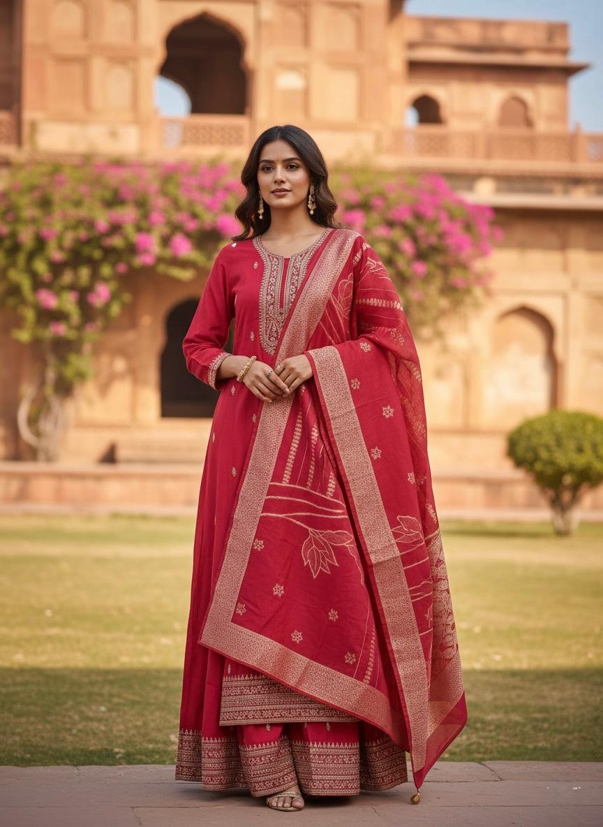 Traditional Pink Red Silk Cotton Embroidered Suit