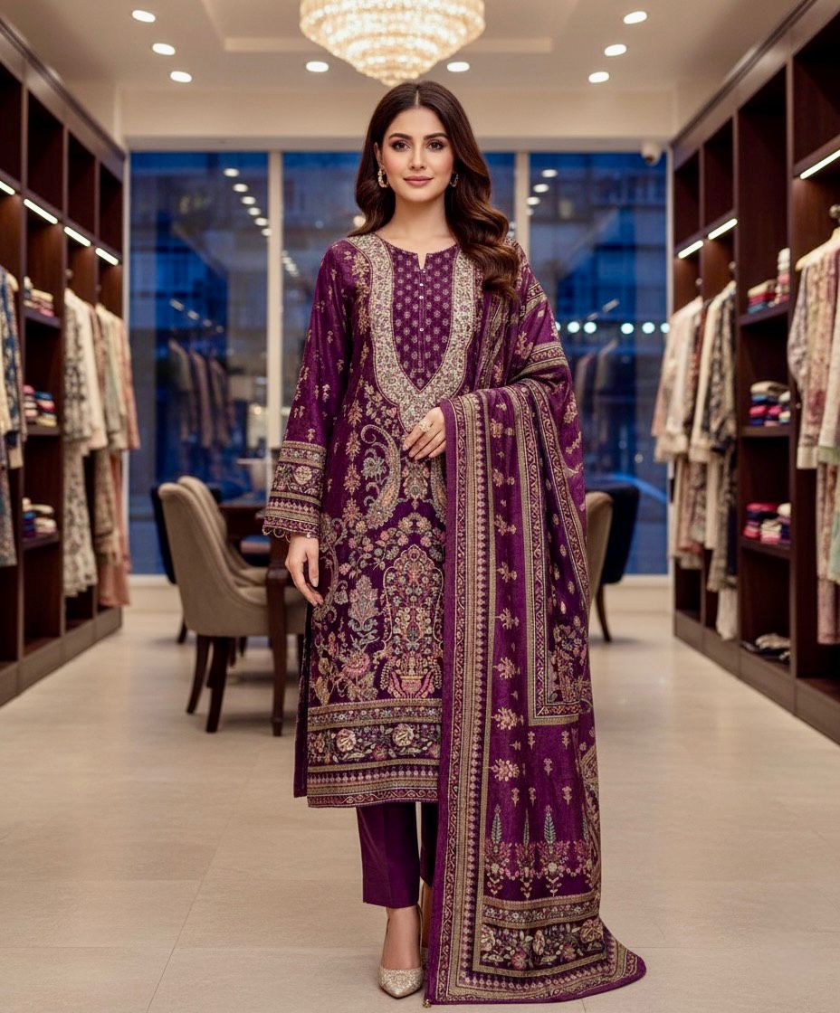 Purple Embroidered Velvet Traditional Party Suit