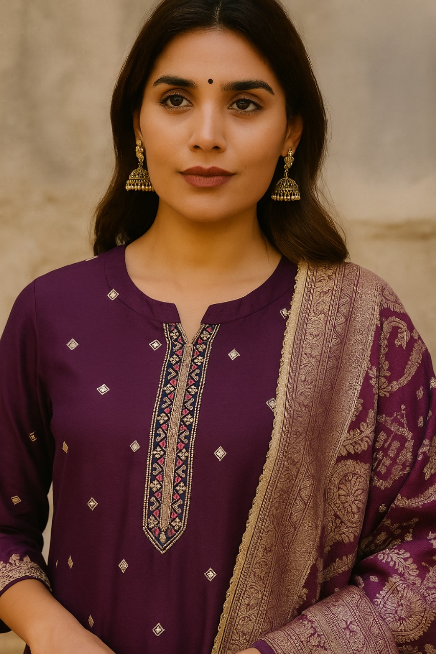 Ghoda Palki Embroidered Purple Dola Silk Ethnic Suit