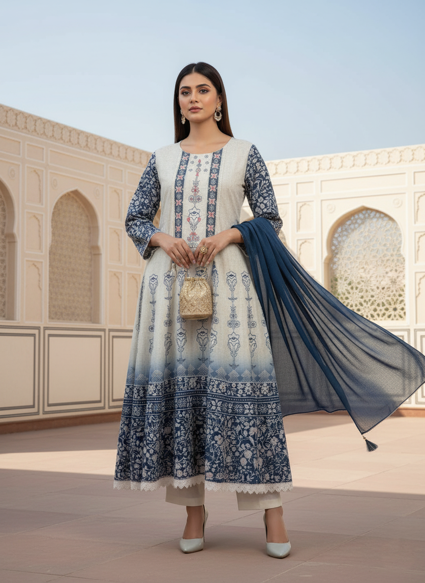 Elegant Cotton Blue  Ombre Printed Long Kurta Set