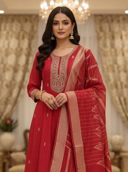 Traditional Pink Red Silk Cotton Embroidered Suit
