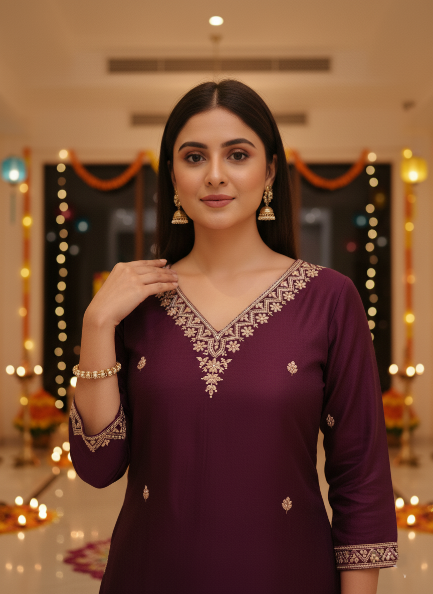 Embroidered Purple Festive Kurta