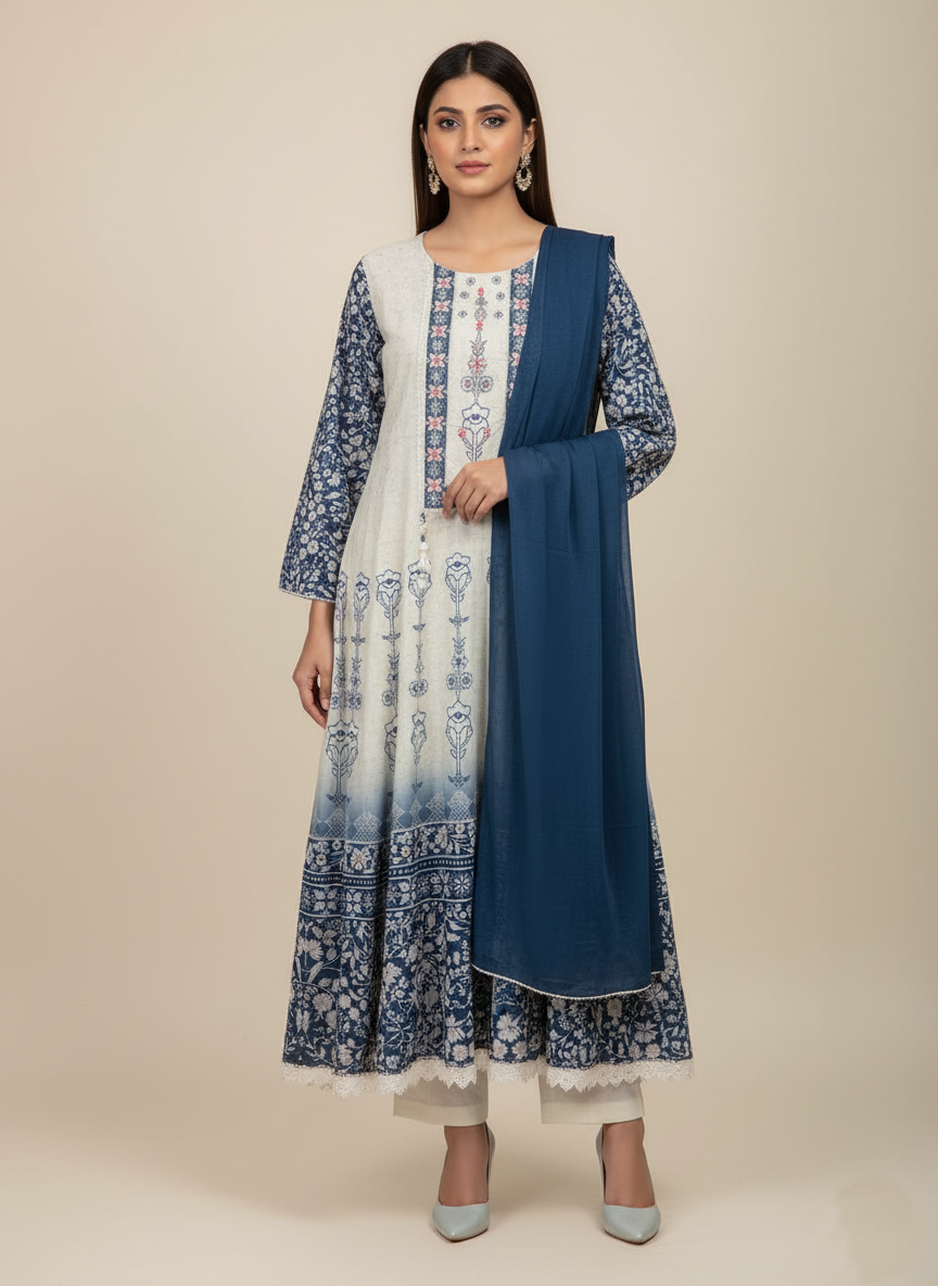 Elegant Cotton Blue  Ombre Printed Long Kurta Set