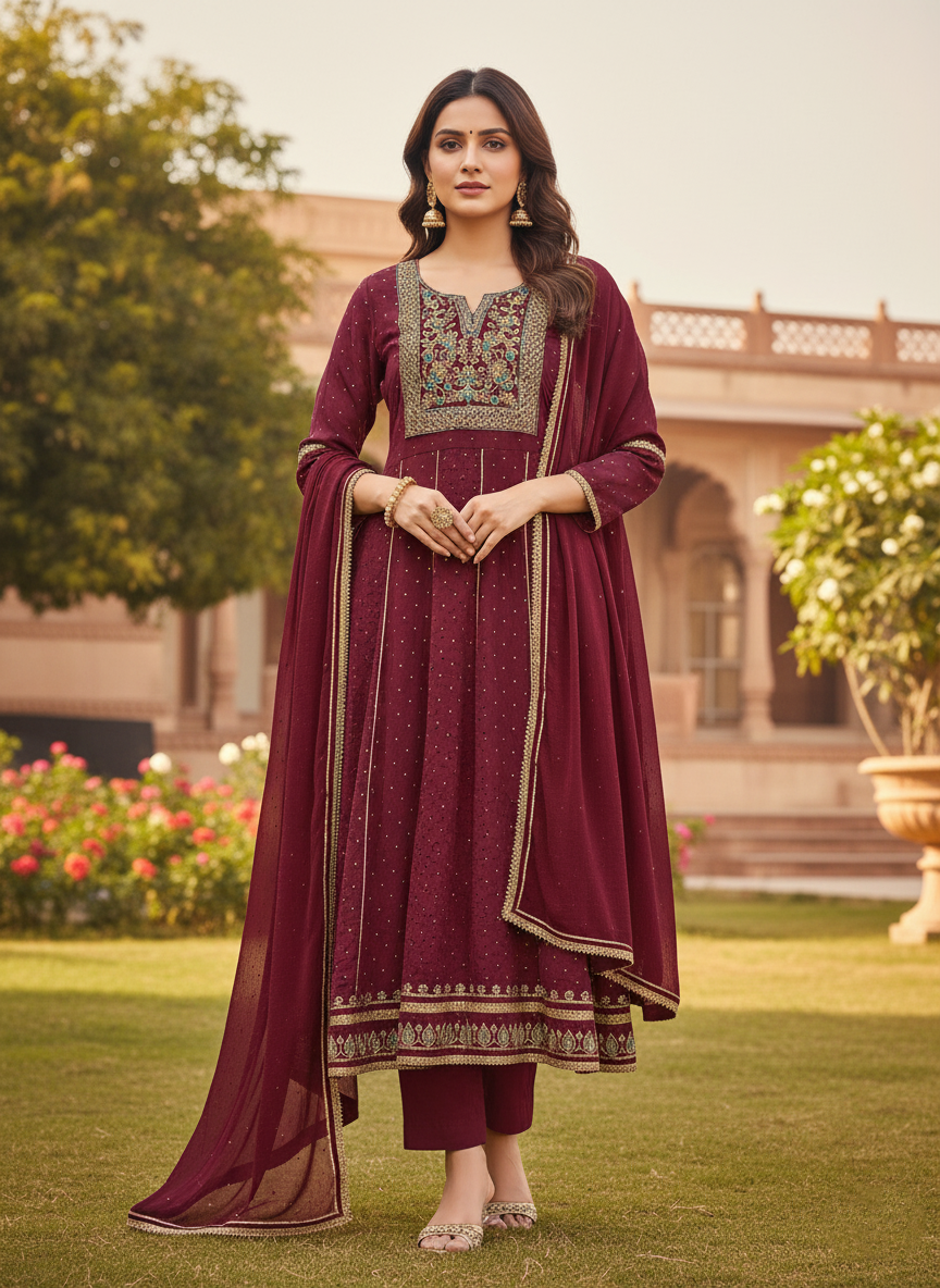Embroidered Maroon Ethnic Set