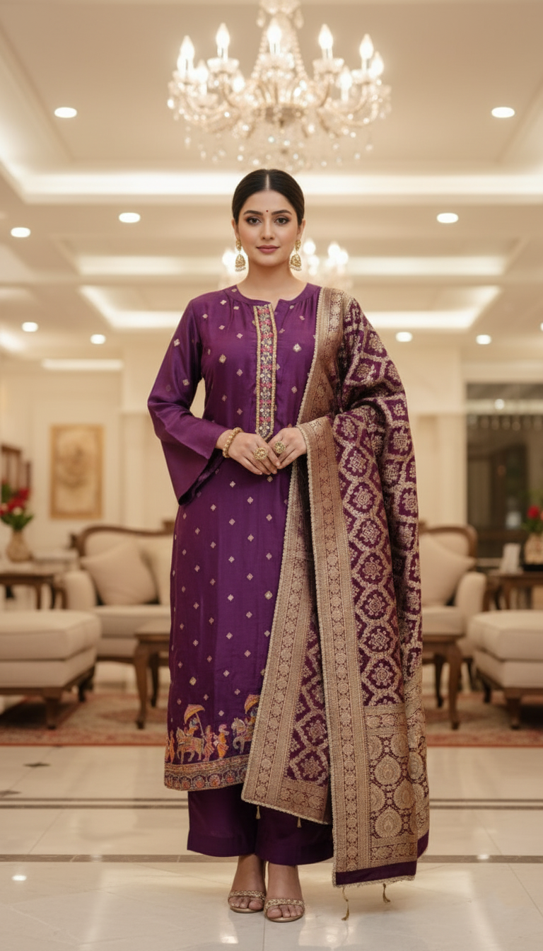 Ghoda Palki Embroidered Purple Dola Silk Ethnic Suit
