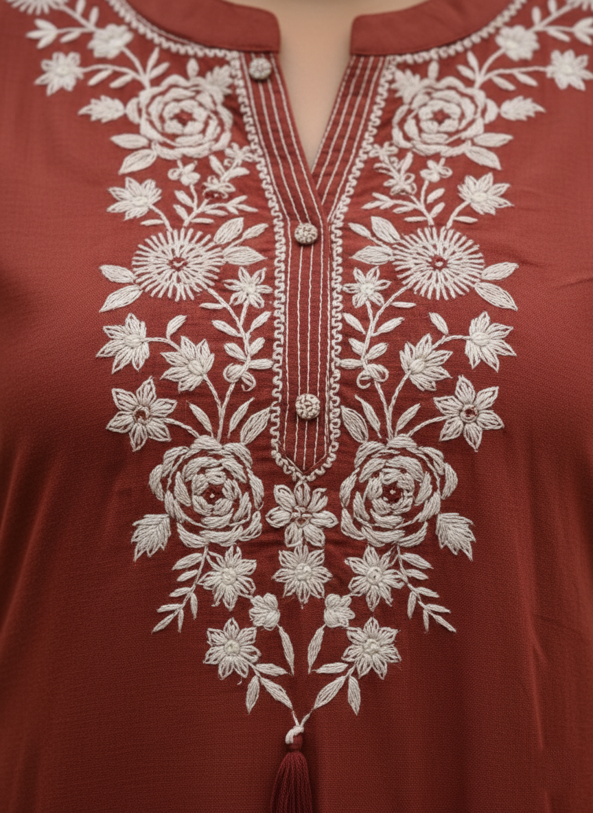 Embroidered Cotton Rust Kurti Set