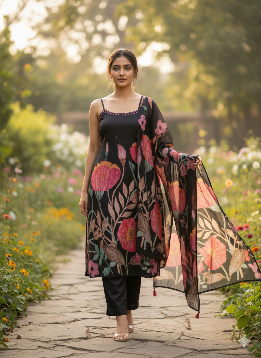 Floral Printed Black Silk Suit Set