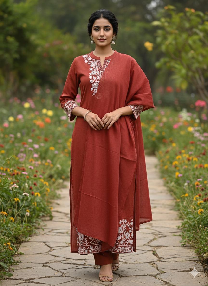 Embroidered Cotton Rust Kurti Set
