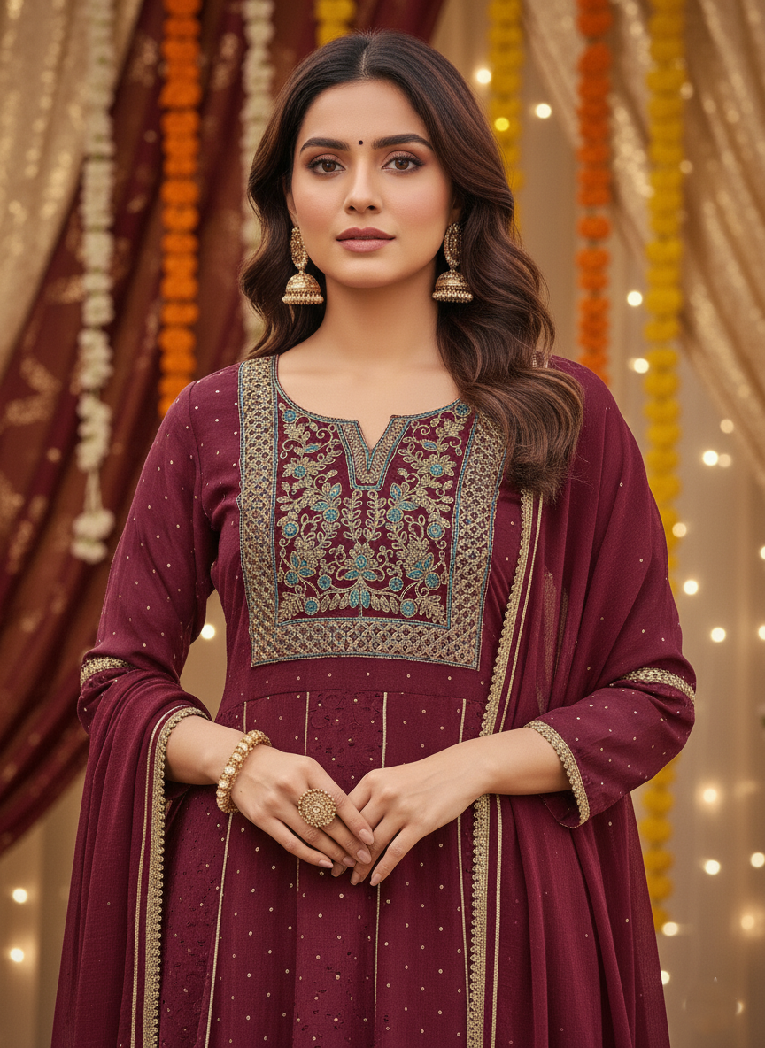 Embroidered Maroon Ethnic Set