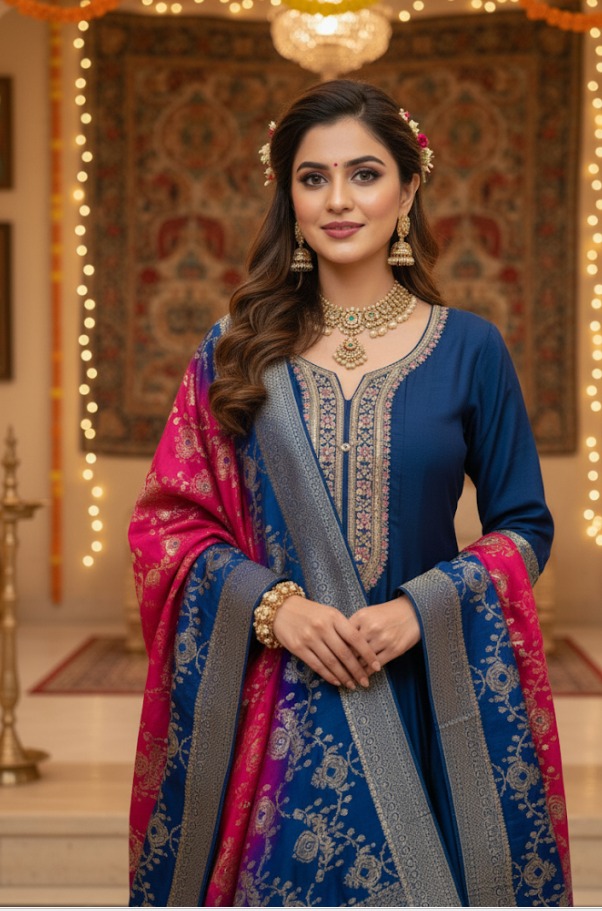 Blue Silk Embroidered Anarkali with Gradient Dupatta
