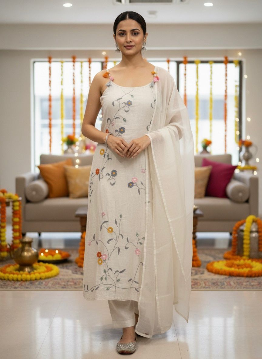 Floral Embroidered Sleeveless Kurti Set