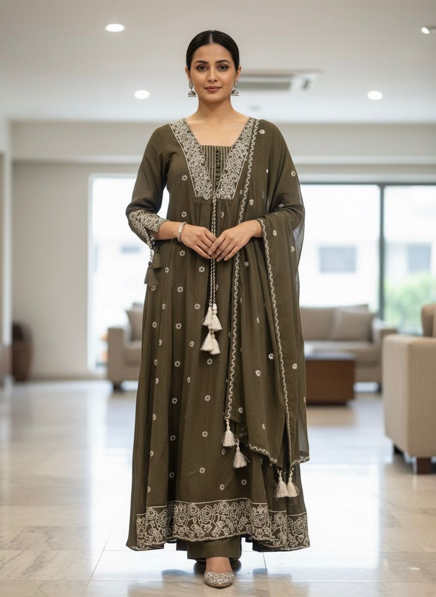 Embroidered Olive Green Traditional Dress
