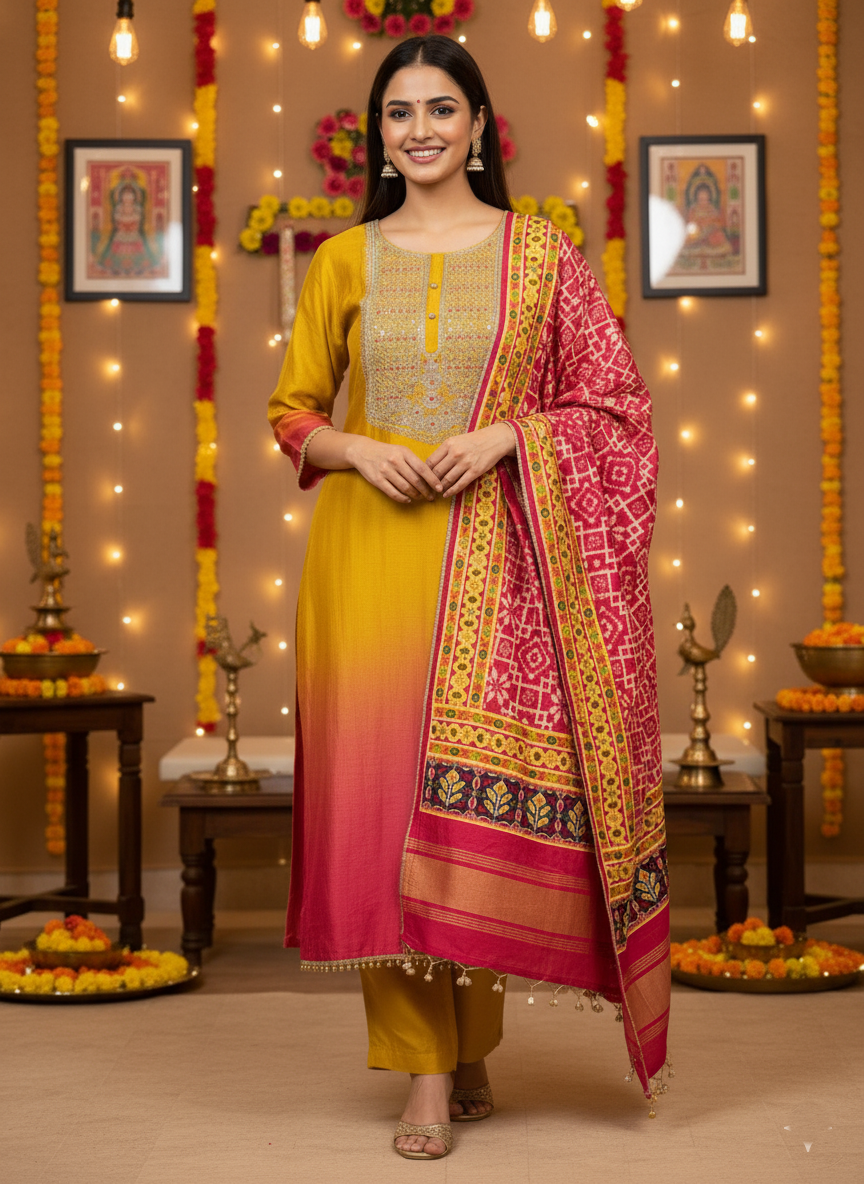 Embroidered Silk Yellow Ombre 3 piece Set