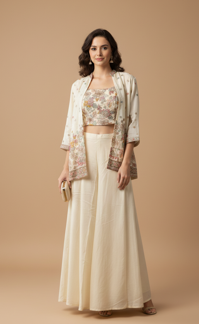 Elegant Cream Floral Embroidered Koti Palazzo Set