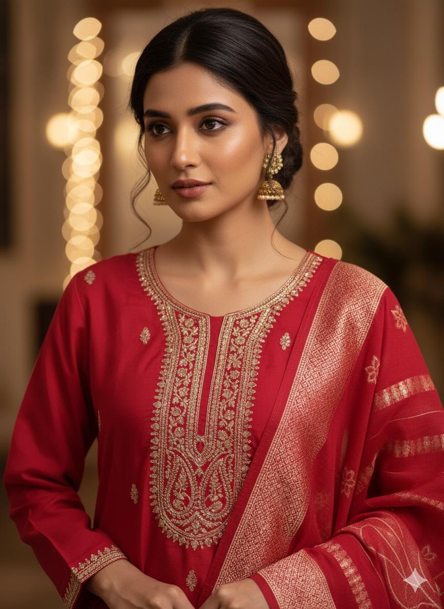 Traditional Pink Red Silk Cotton Embroidered Suit