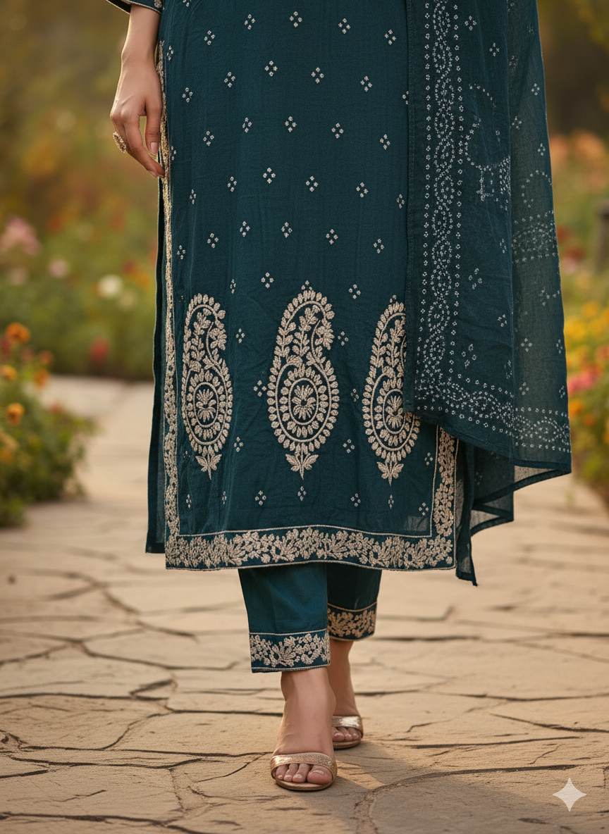 Teal Mul Cotton White Embroidered Kurta