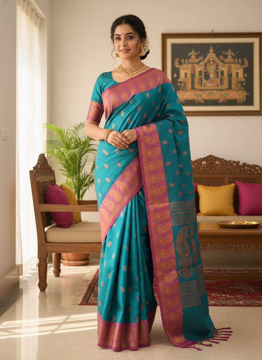 Teal Silk Cotton Jamdani Saree