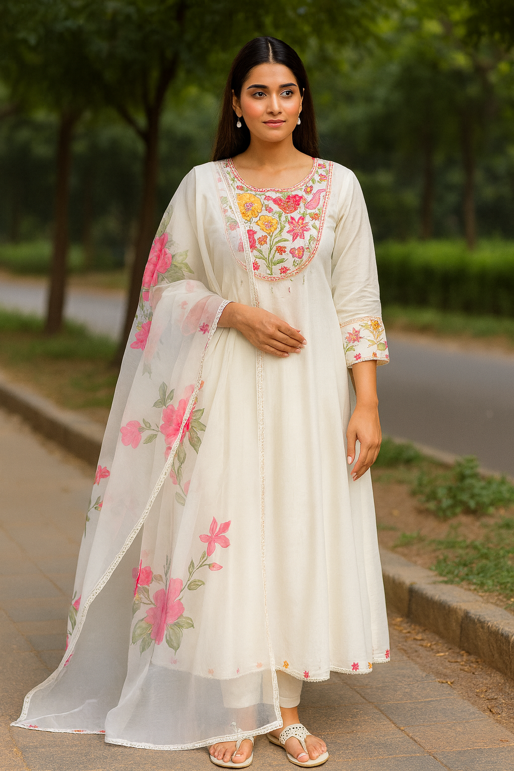 Mul-Chanderi Floral Embroidered White Anarkali Dress