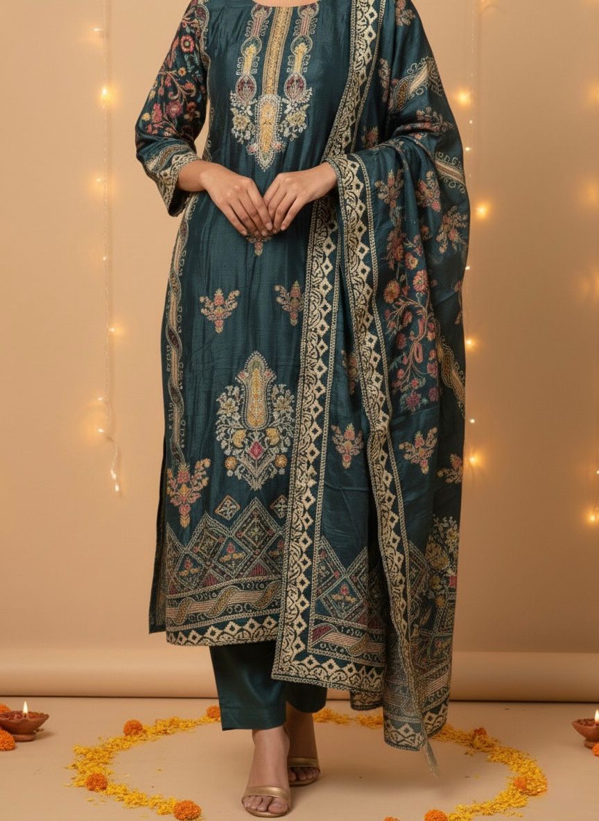 Embroidered Silk Kurti Set