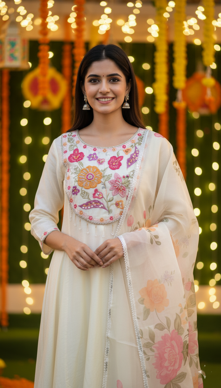 Mul-Chanderi Floral Embroidered White Anarkali Set