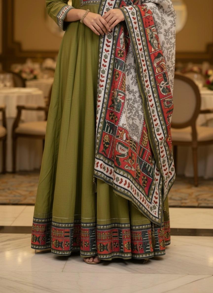 Traditional Green Ethnic Cotton Kurti Set