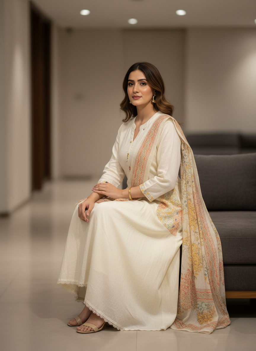 Elegant Mul Cotton Cream Long Kurti Set