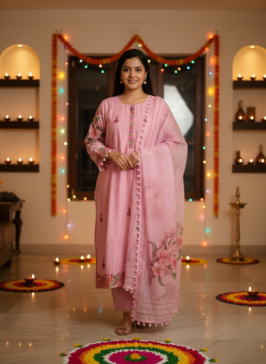 Embroidered Silk Cotton Pink Kurta Set