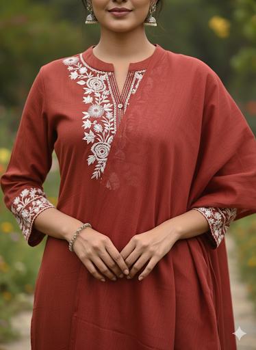 Embroidered Cotton Rust Kurti Set